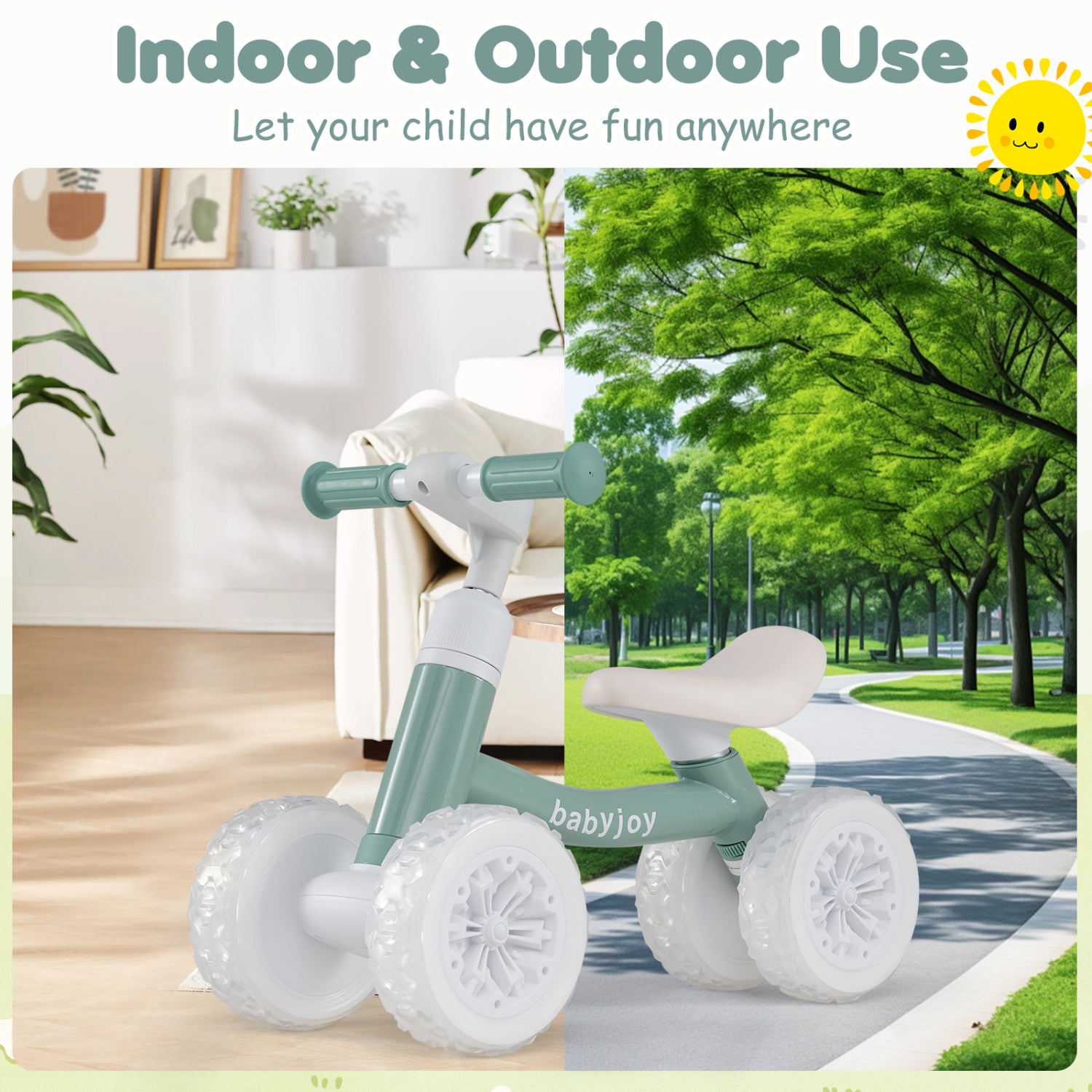 Baby Balance Bike, Adjustable Handlebar Seat, Lighting Wheels, Green Balance Bikes at Gallery Canada