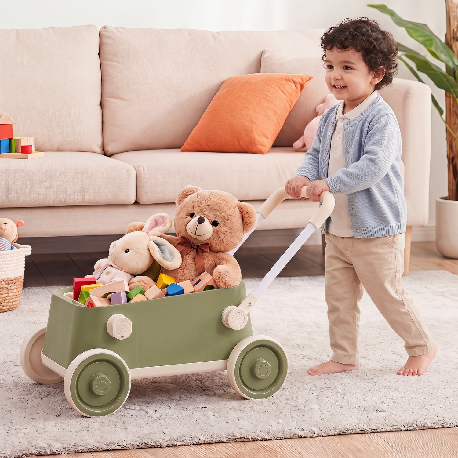 Baby Push Walker with Wheels and Foldable Handlebar and Storage Basket, Green Baby Activity at Gallery Canada