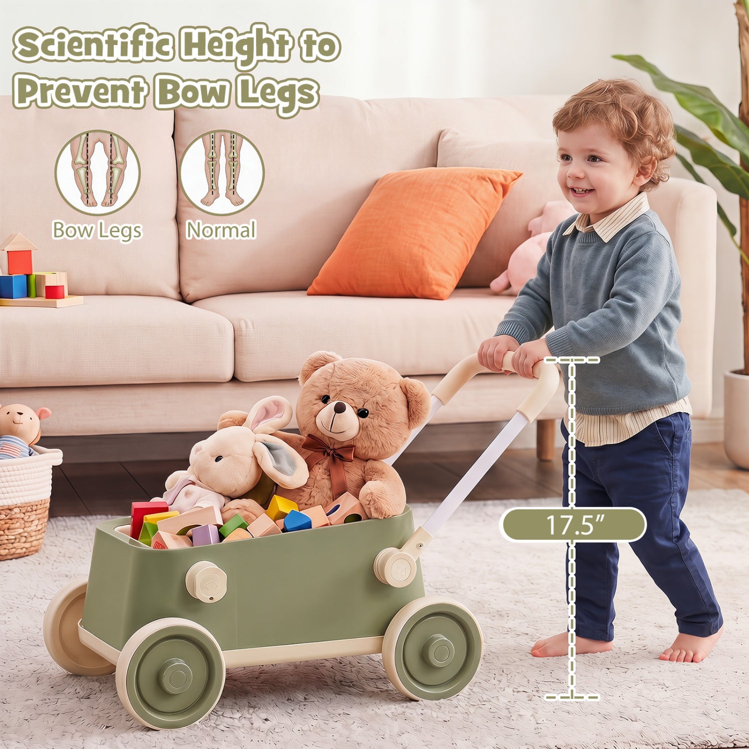 Baby Push Walker with Wheels and Foldable Handlebar and Storage Basket, Green Baby Activity at Gallery Canada
