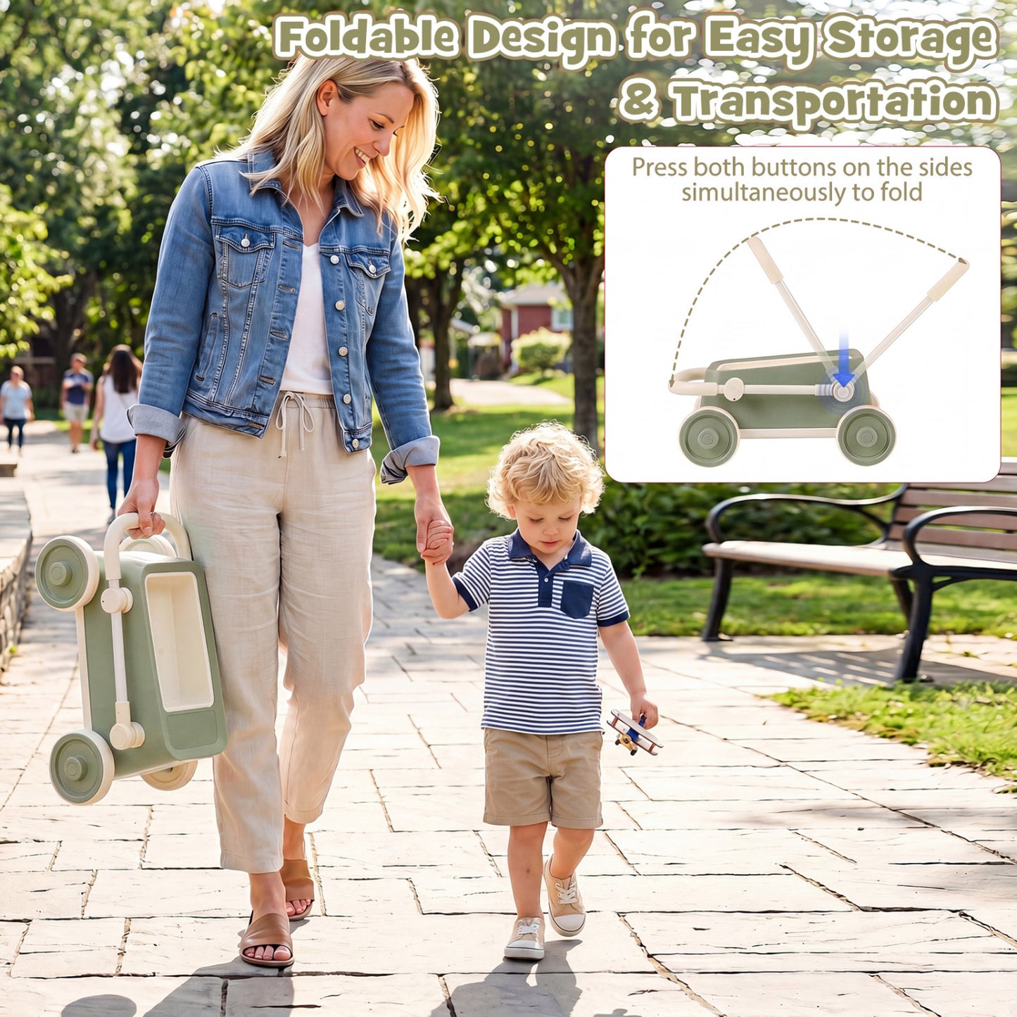 Baby Push Walker with Wheels and Foldable Handlebar and Storage Basket, Green Baby Activity at Gallery Canada