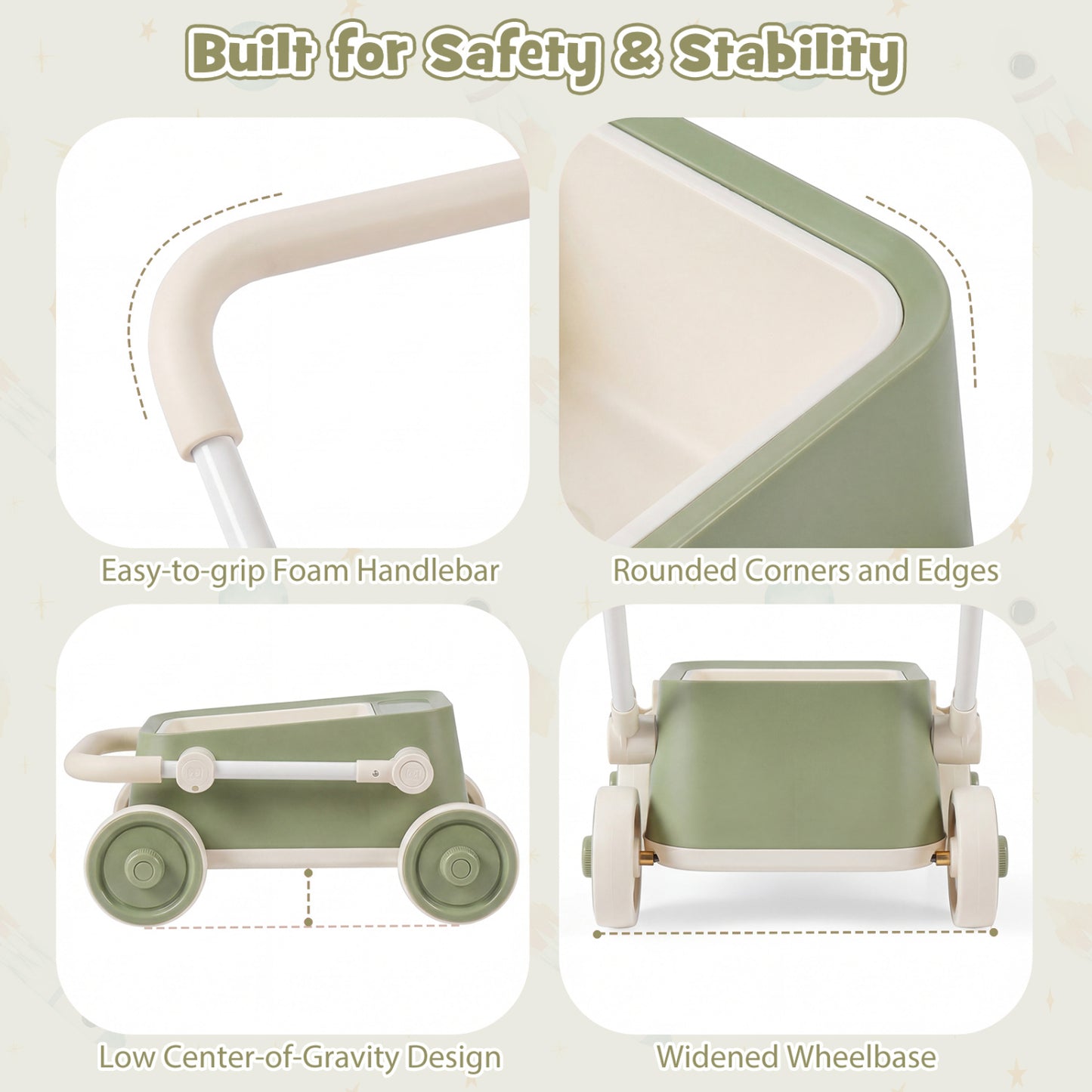 Baby Push Walker with Wheels and Foldable Handlebar and Storage Basket, Green Baby Activity at Gallery Canada