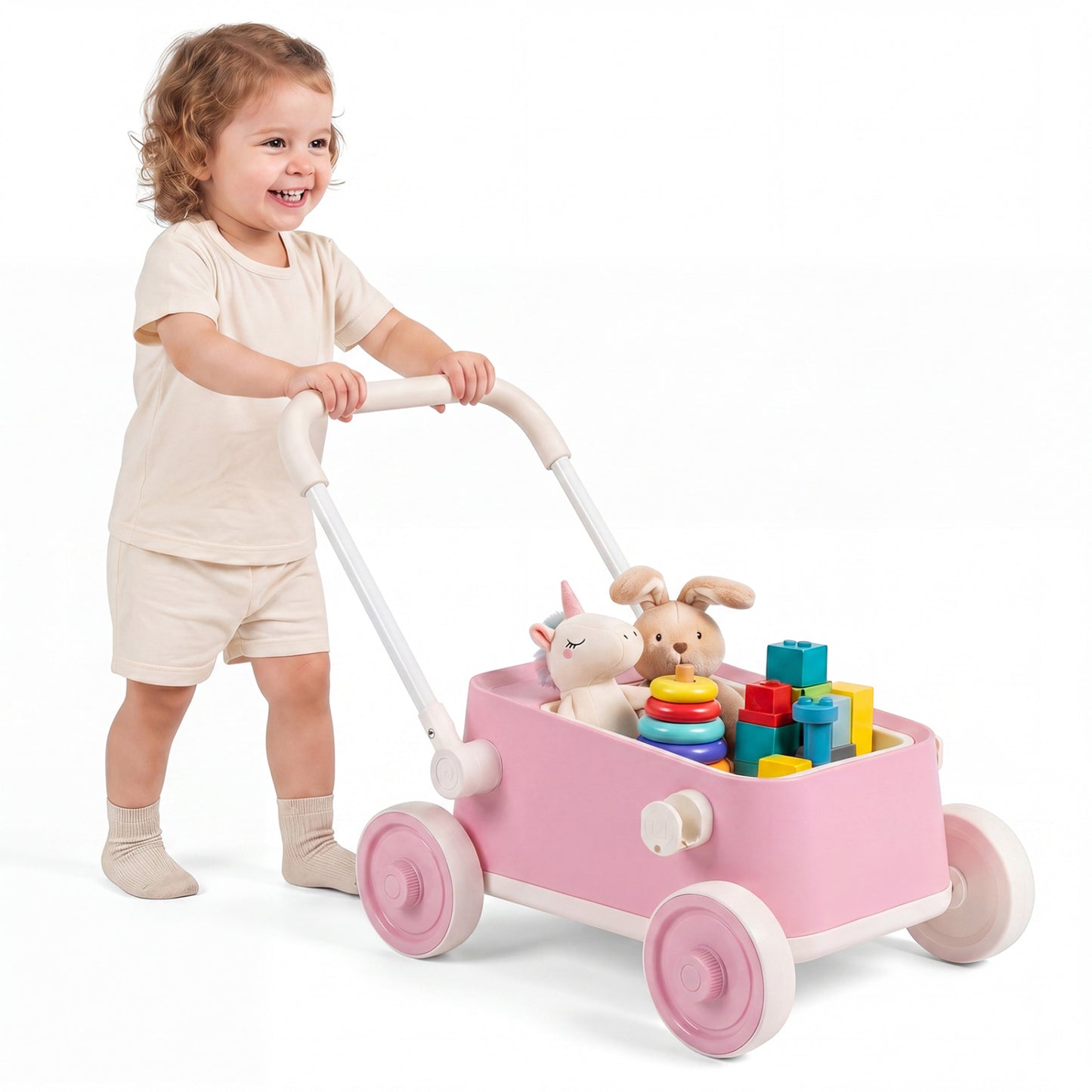 Baby Push Walker with Wheels and Foldable Handlebar and Storage Basket, Pink Baby Activity at Gallery Canada