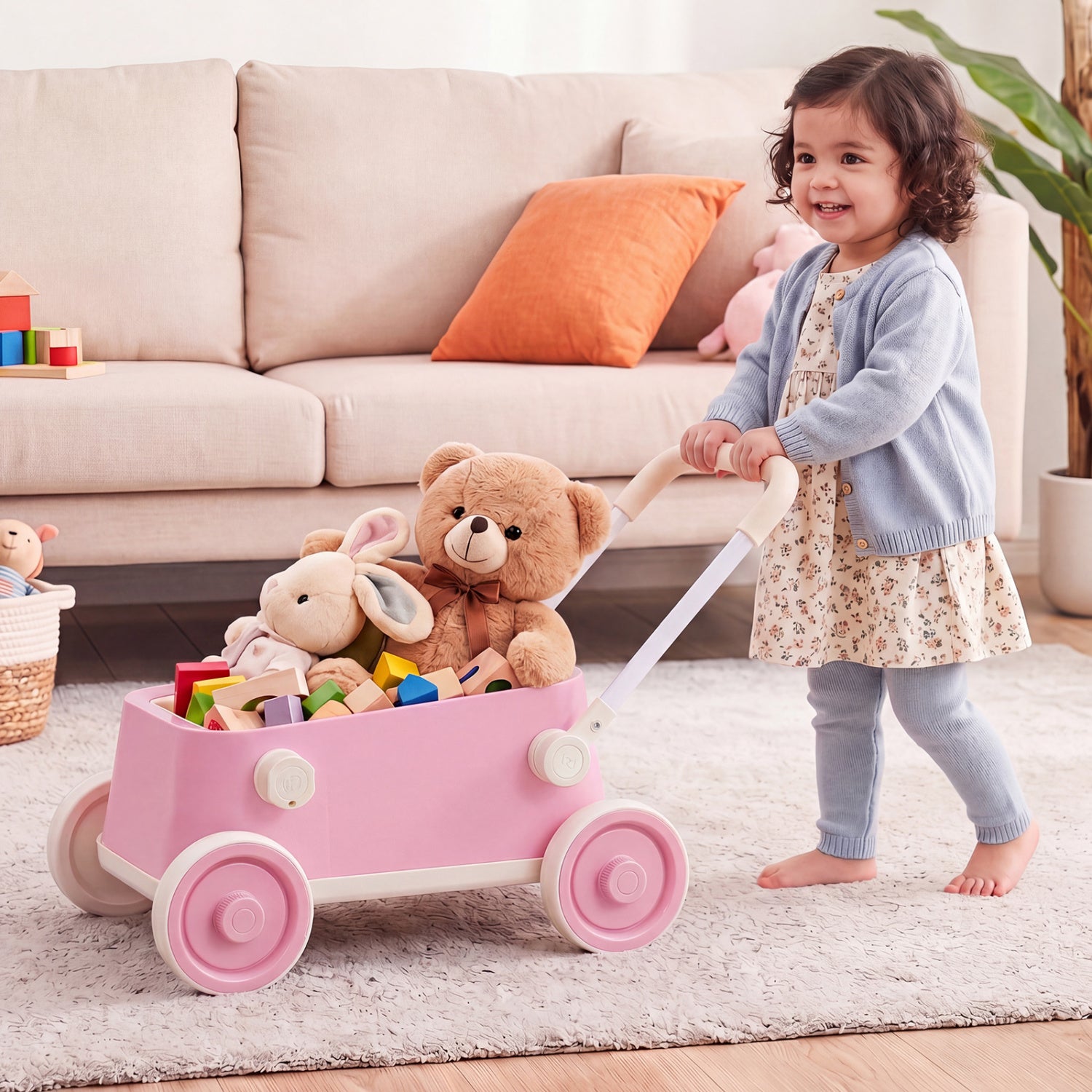 Baby Push Walker with Wheels and Foldable Handlebar and Storage Basket, Pink Baby Activity at Gallery Canada