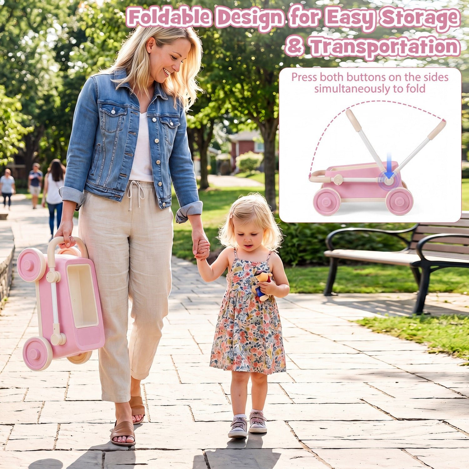 Baby Push Walker with Wheels and Foldable Handlebar and Storage Basket, Pink Baby Activity at Gallery Canada
