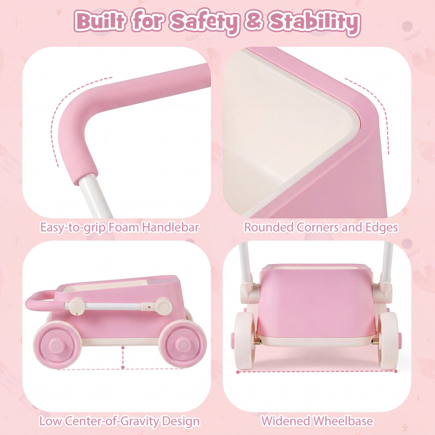 Baby Push Walker with Wheels and Foldable Handlebar and Storage Basket, Pink Baby Activity at Gallery Canada