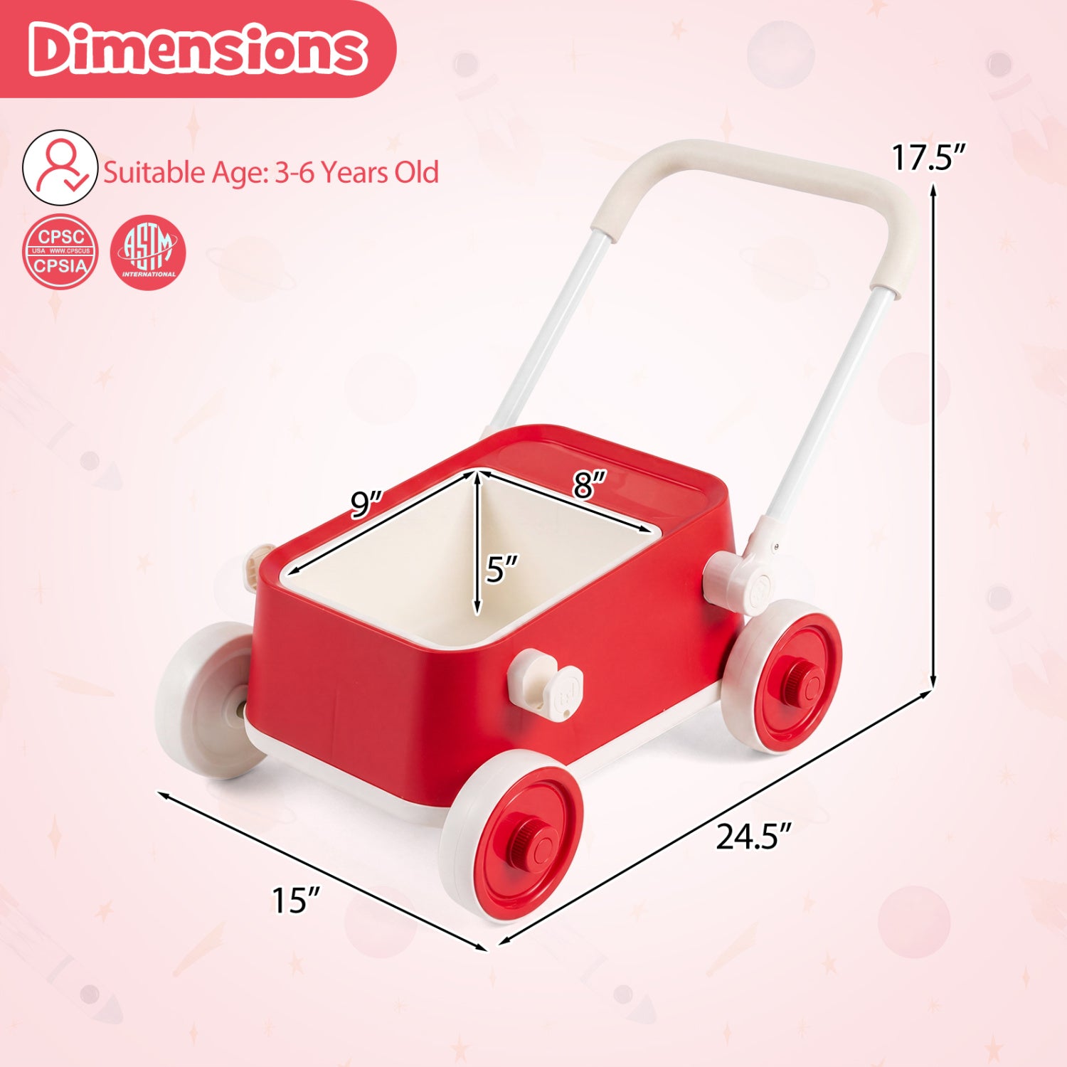 Baby Push Walker with Wheels and Foldable Handlebar and Storage Basket, Red Baby Activity at Gallery Canada