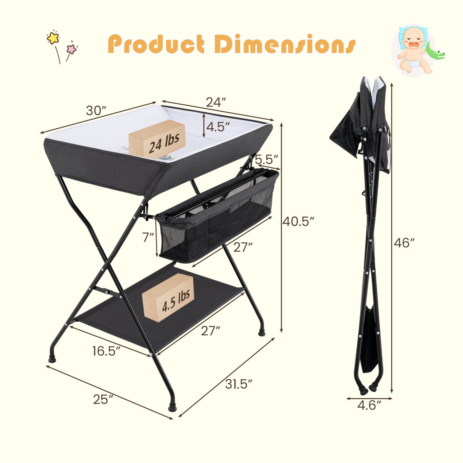 Baby Diaper Changing Table, Folding, Black Changing Tables at Gallery Canada