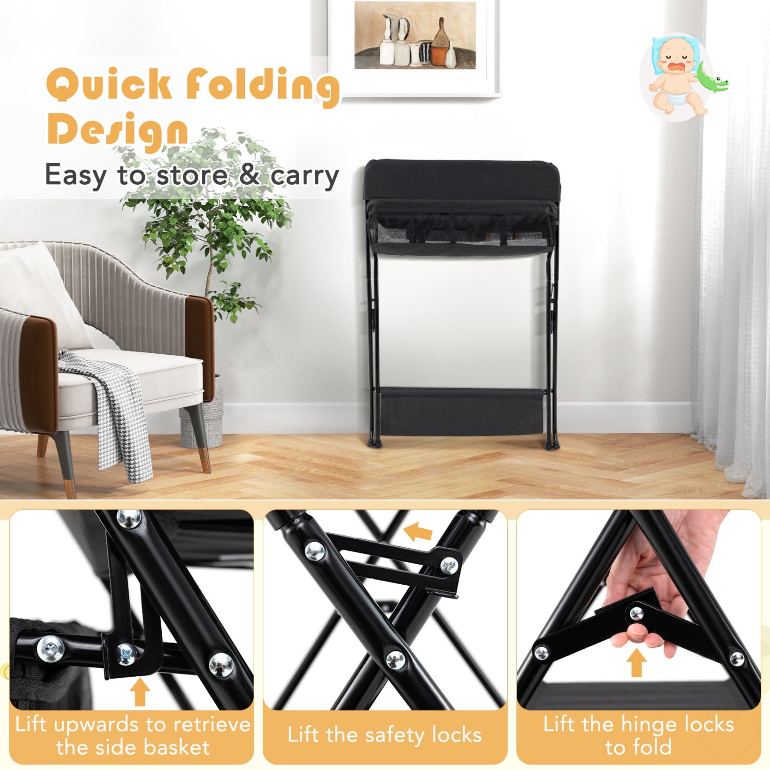 Baby Diaper Changing Table, Folding, Black Changing Tables at Gallery Canada
