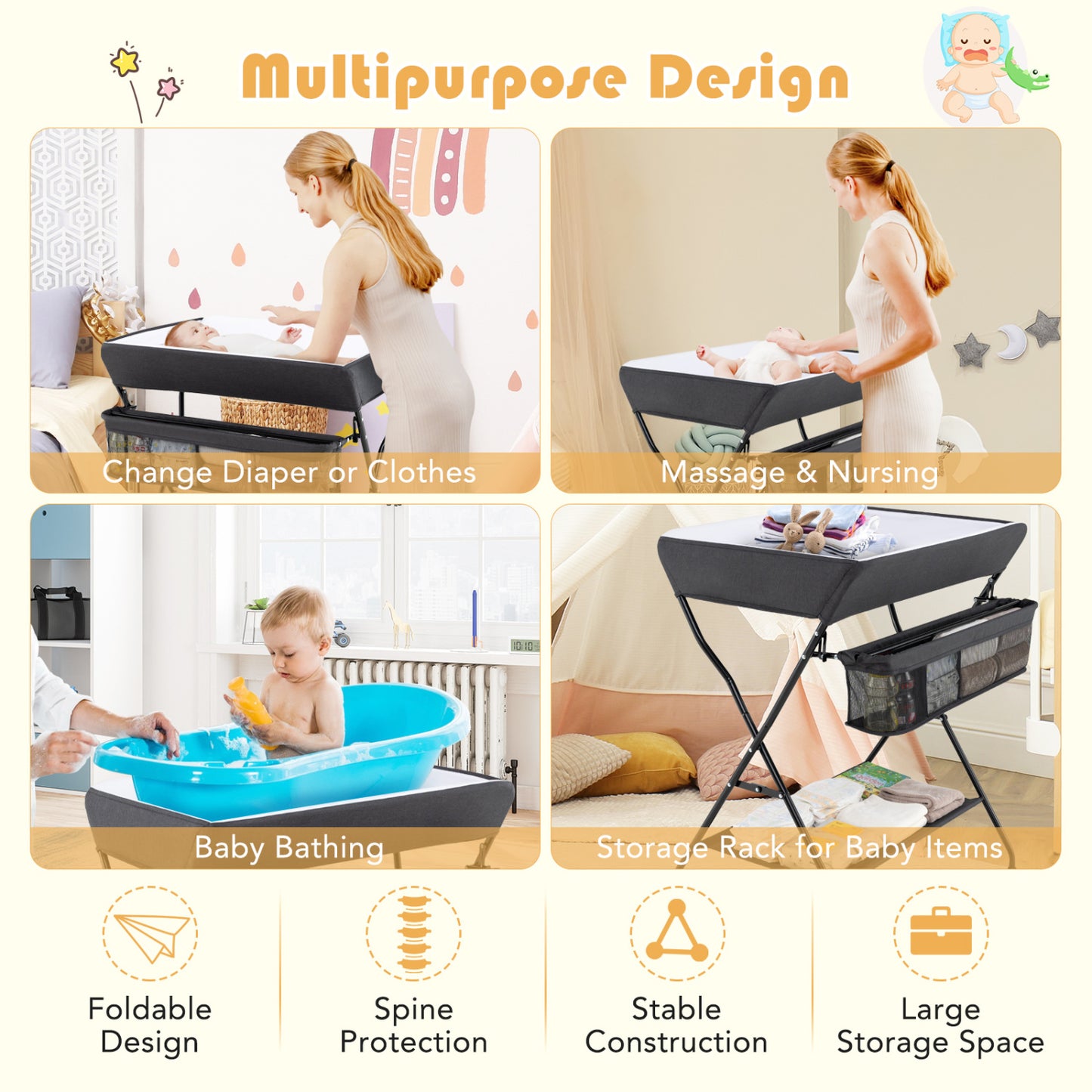 Baby Diaper Changing Table, Folding, Black Changing Tables at Gallery Canada