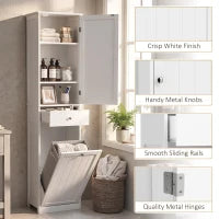 71" Tall Bathroom Storage Cabinet, Narrow with Laundry Basket, White