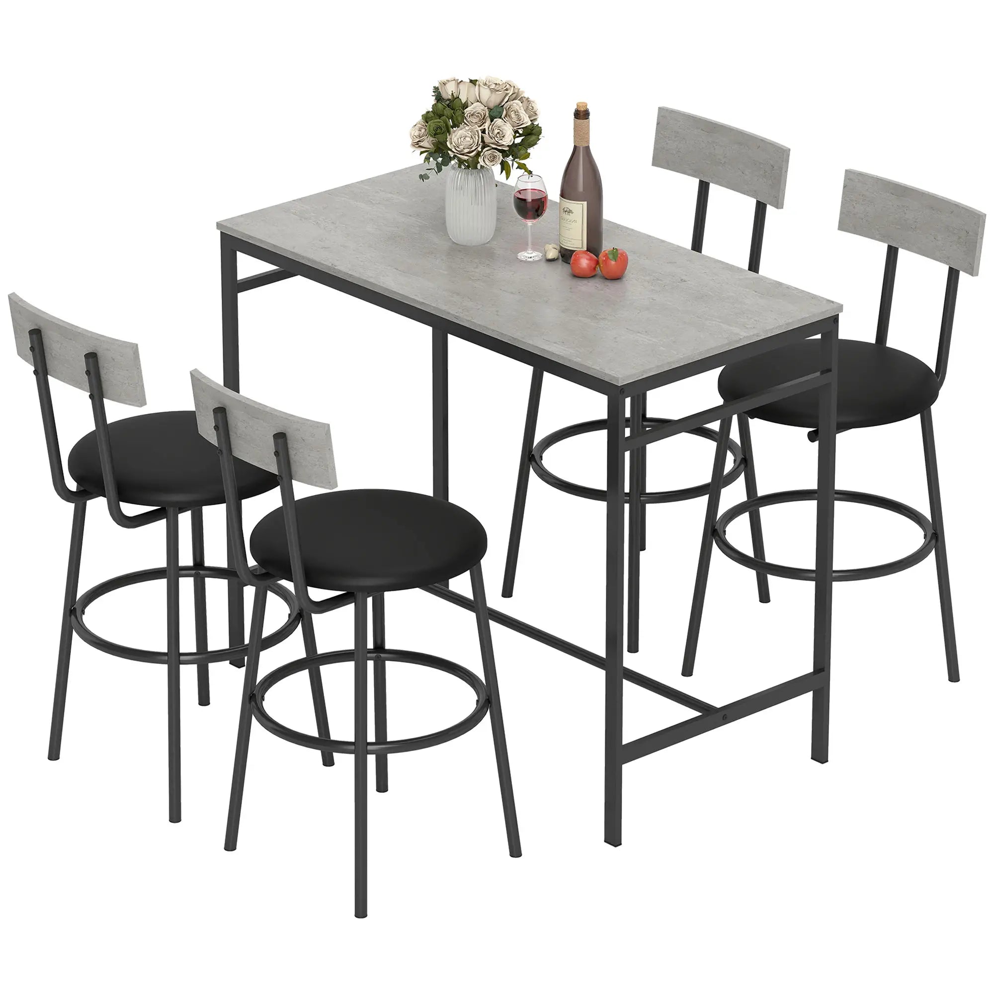 5-Piece Industrial Bar Table Set, 4 Stools with Footrest, Cement Grey Bar Sets Cement Grey, Black at Gallery Canada