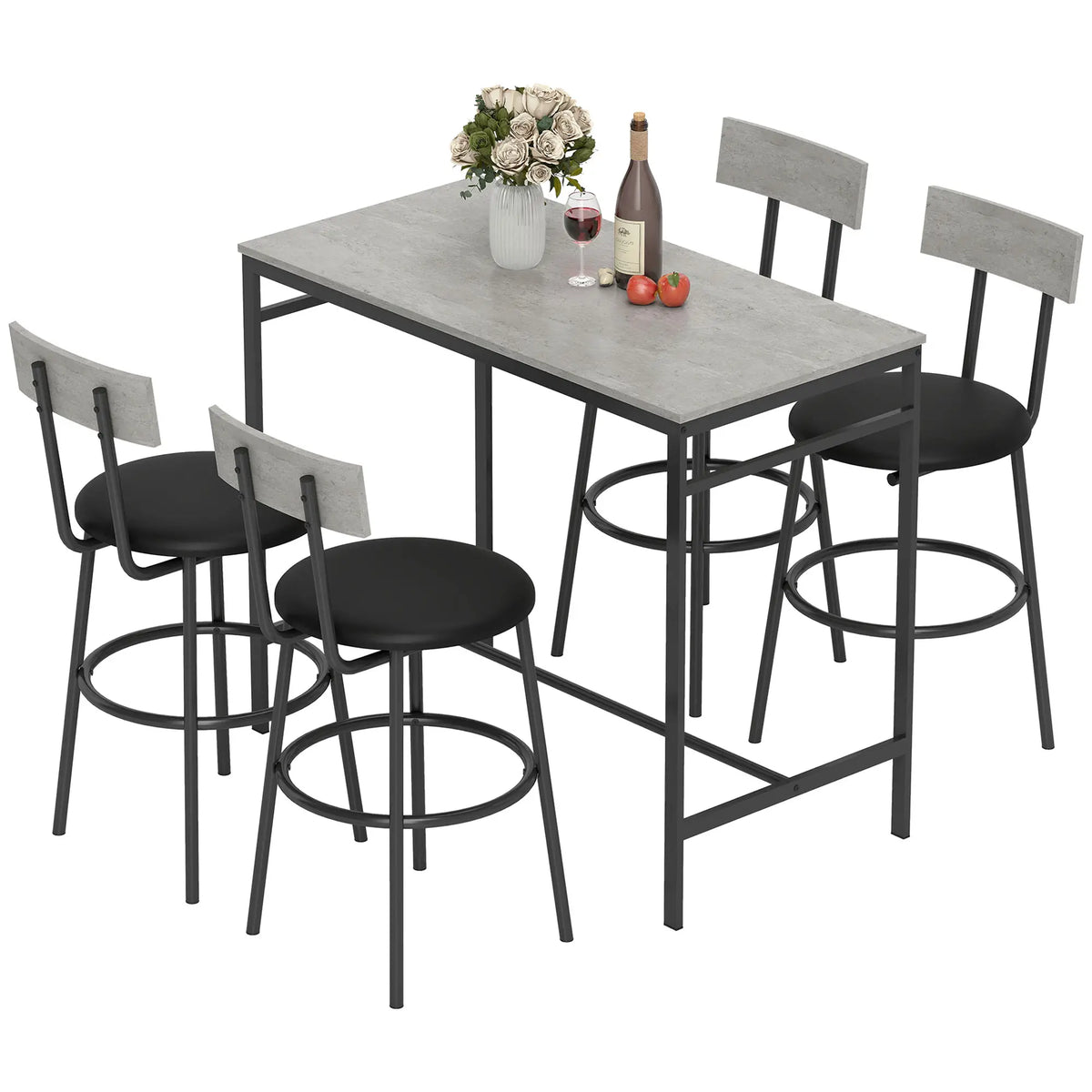 5-Piece Industrial Bar Table Set, 4 Stools with Footrest, Cement Grey Bar Sets Cement Grey, Black at Gallery Canada