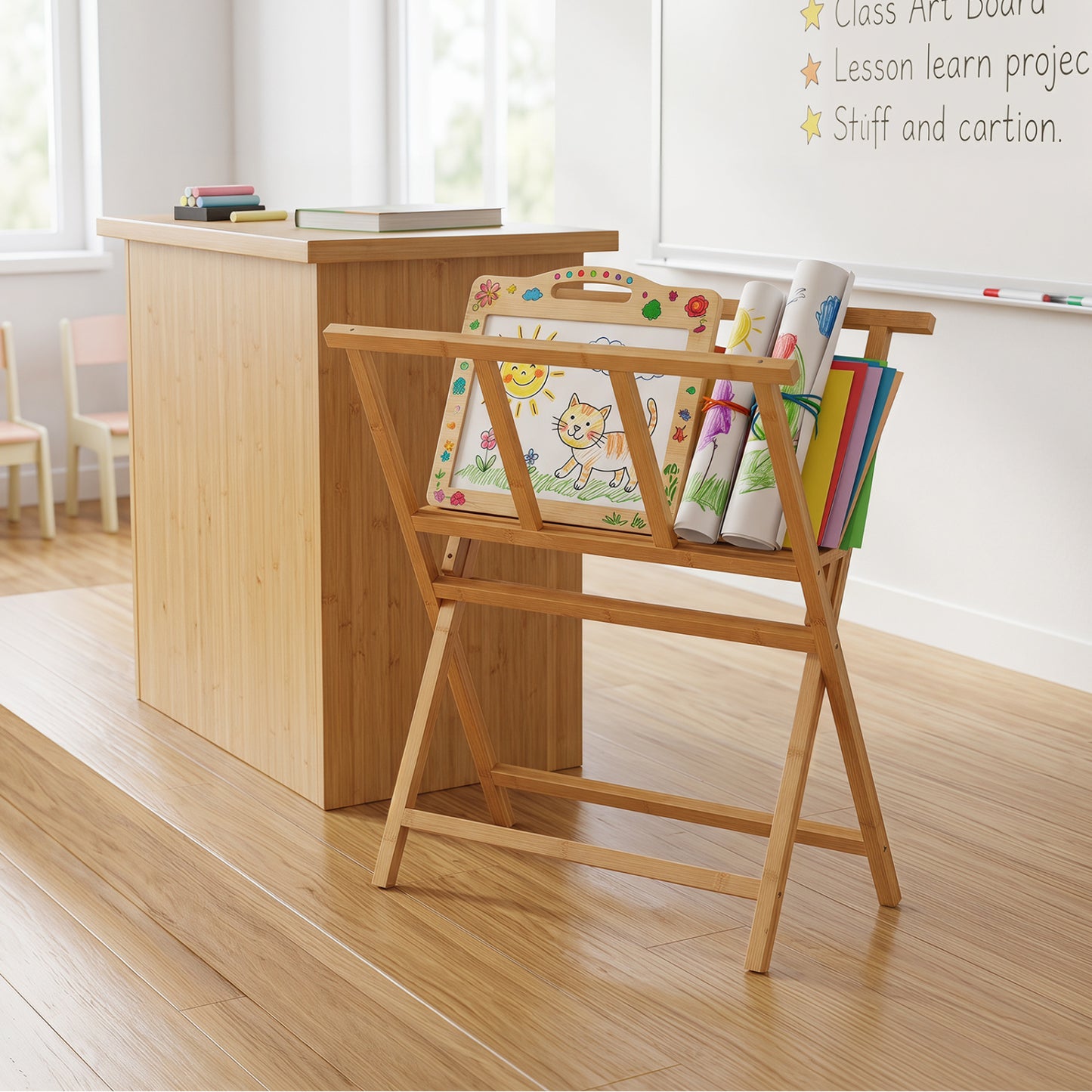 Bamboo Art Print Rack, Canvas Storage Display, Natural