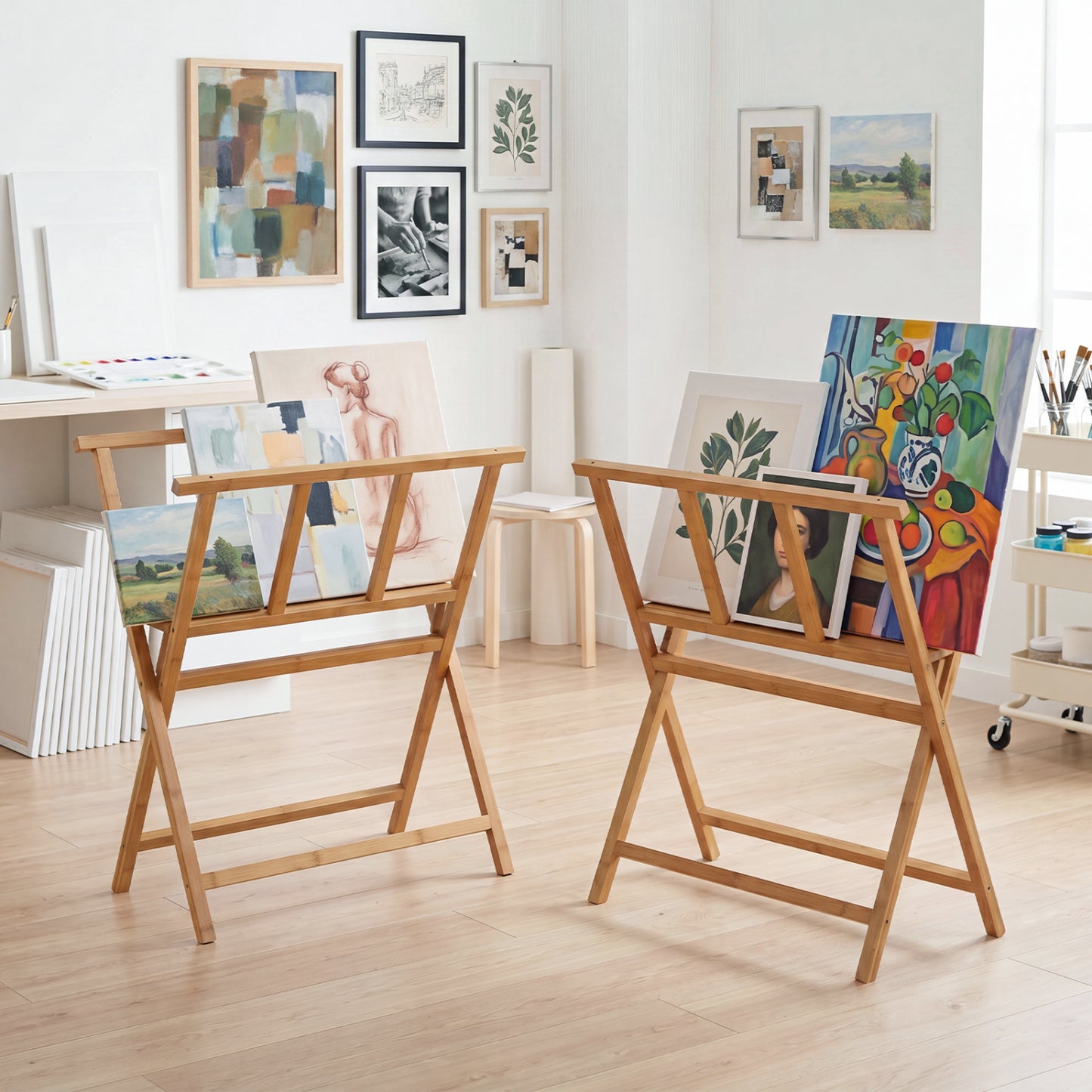 Bamboo Art Print Rack, Canvas Storage Display, Natural