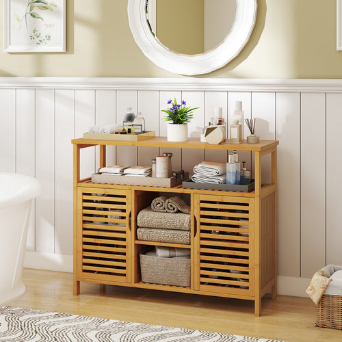 Bamboo Bathroom Cabinet with Shelves and Doors, Natural
