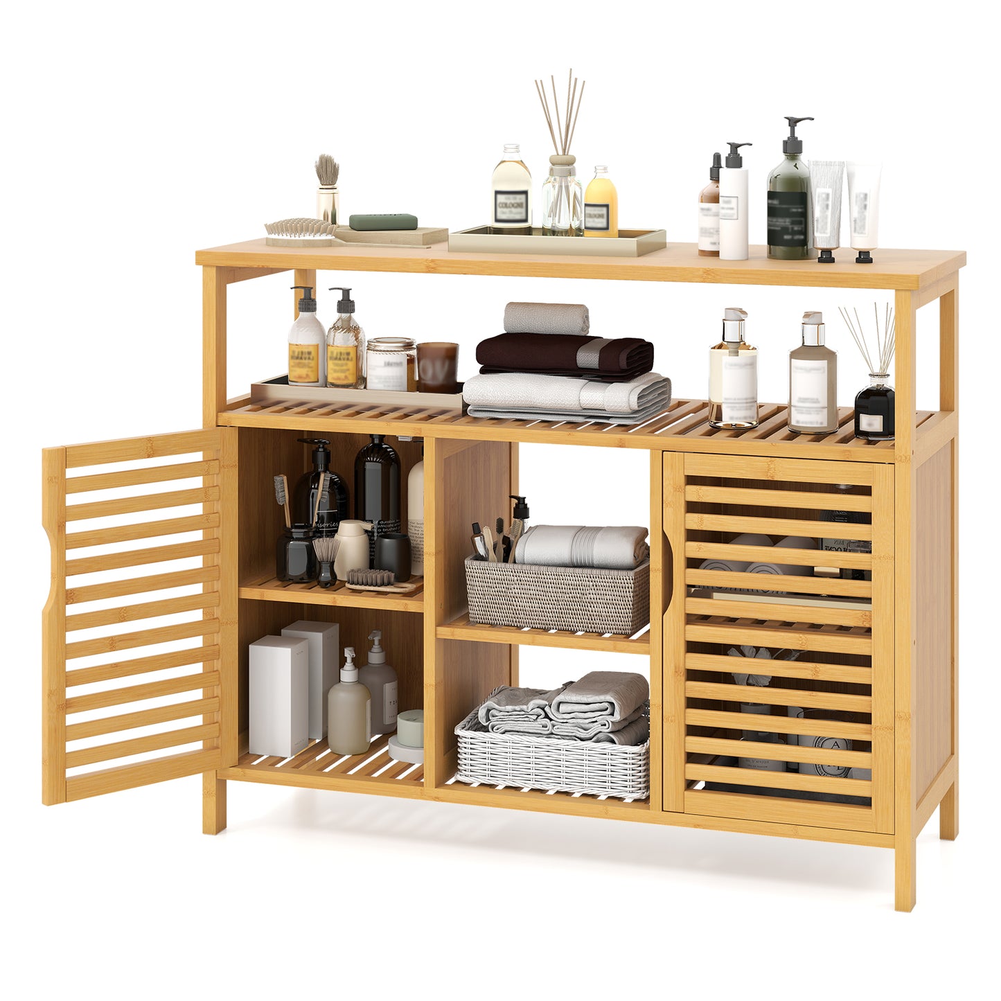 Bamboo Bathroom Cabinet with Shelves and Doors, Natural Floor Cabinets Natural at Gallery Canada
