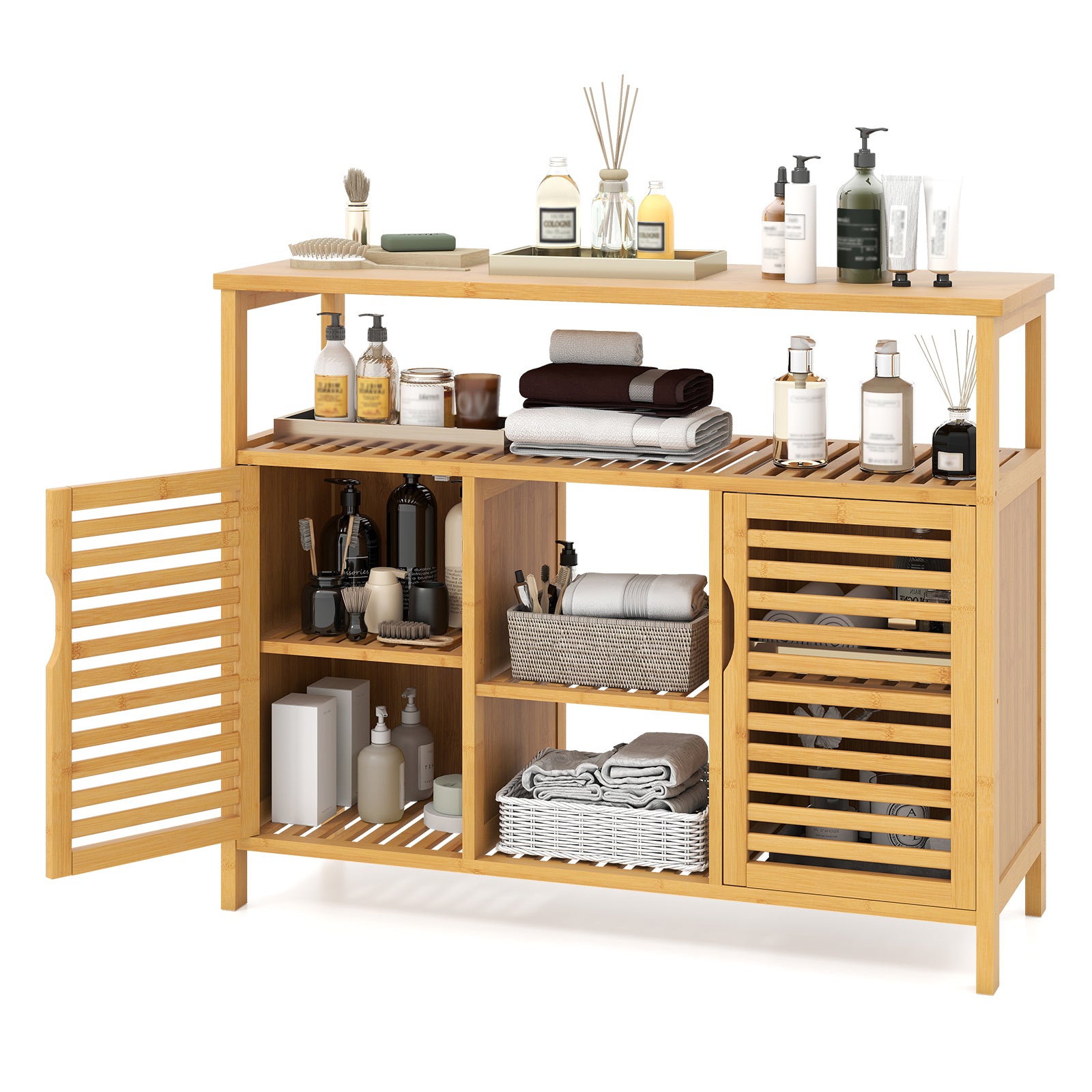 Bamboo Bathroom Cabinet with Shelves and Doors, Natural Floor Cabinets Natural at Gallery Canada