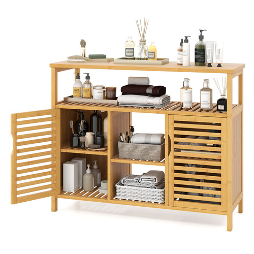 Bamboo Bathroom Cabinet with Shelves and Doors, Natural