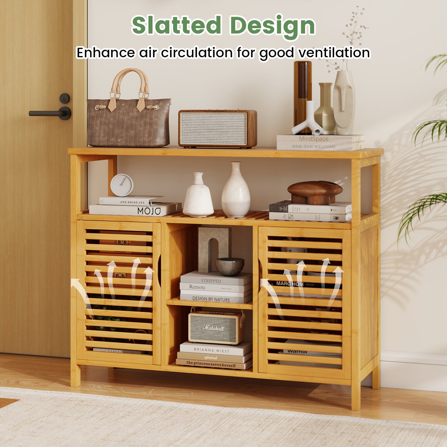 Bamboo Bathroom Cabinet with Shelves and Doors, Natural Floor Cabinets at Gallery Canada