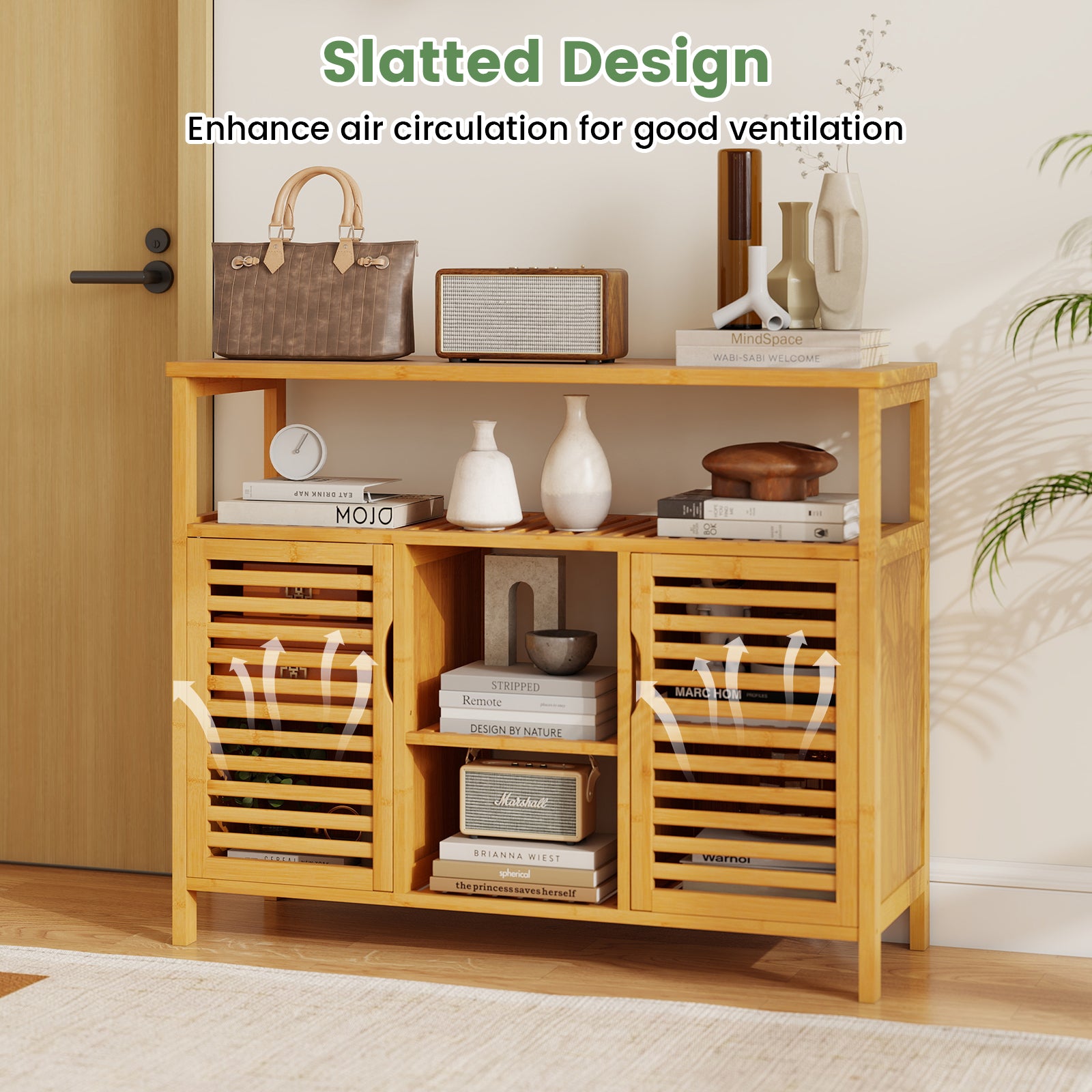 Bamboo Bathroom Cabinet with Shelves and Doors, Natural Floor Cabinets at Gallery Canada
