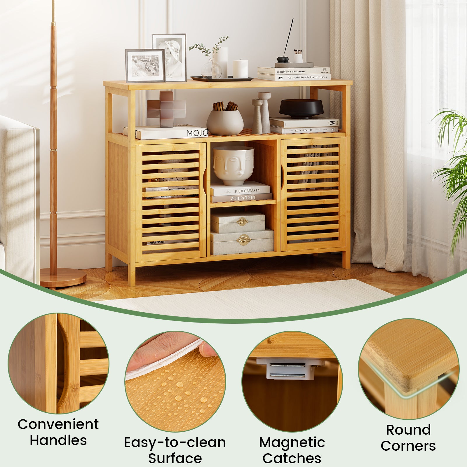 Bamboo Bathroom Cabinet with Shelves and Doors, Natural Floor Cabinets at Gallery Canada