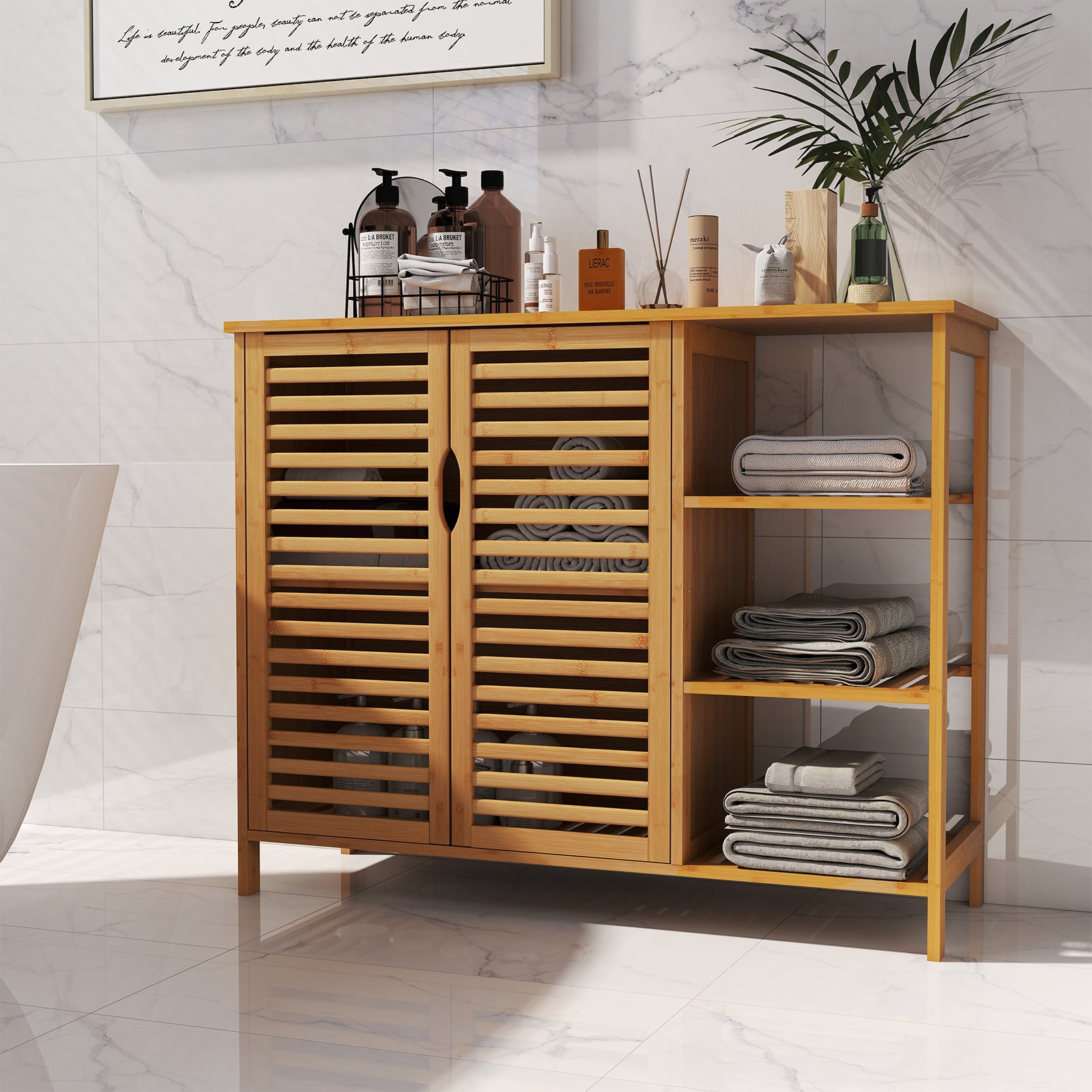 Bamboo Bathroom Cabinet 2-Door Storage Organizer with Shelves, Natural Floor Cabinets at Gallery Canada