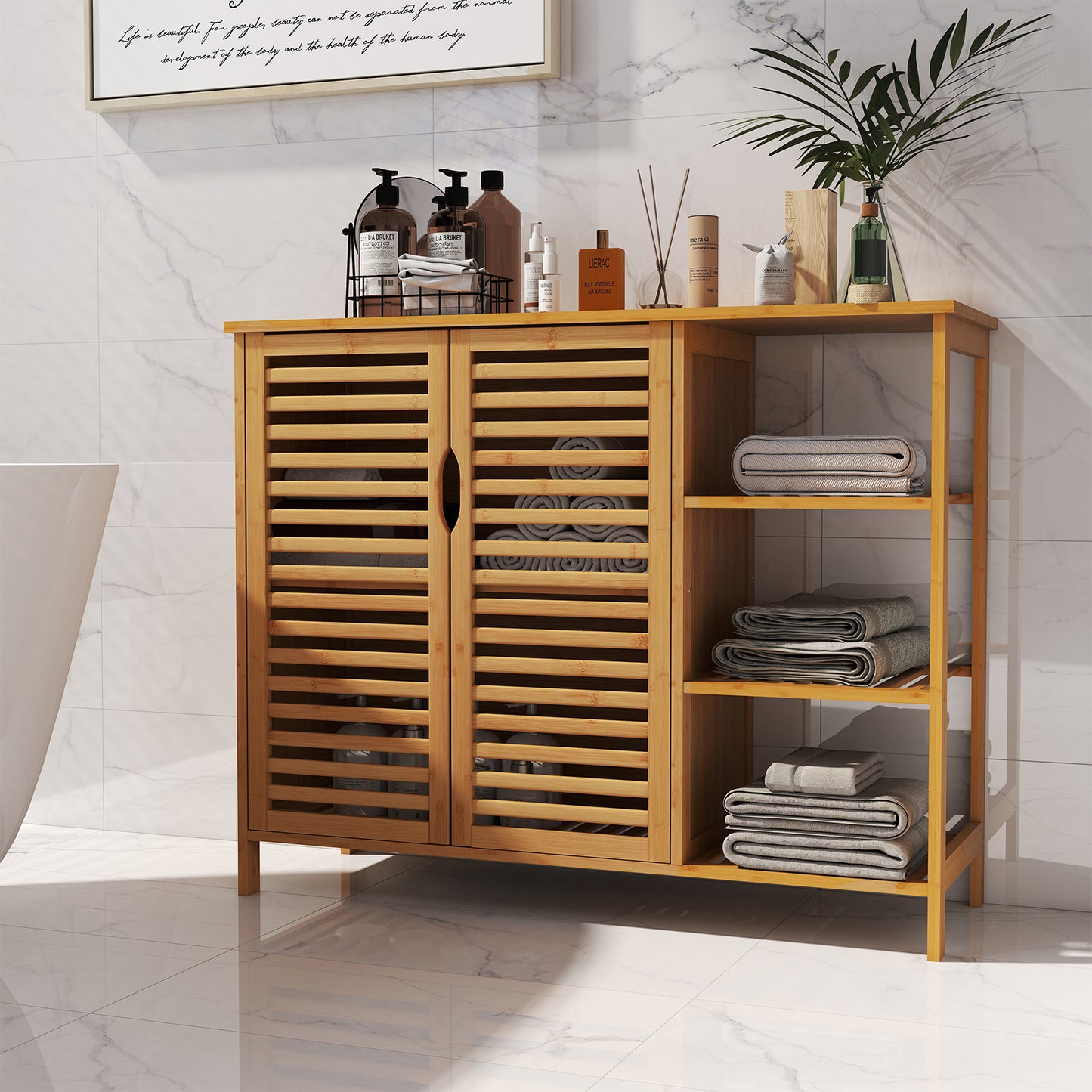Bamboo Bathroom Cabinet 2-Door Storage Organizer with Shelves, Natural Floor Cabinets at Gallery Canada