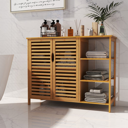 Bamboo Bathroom Cabinet, 2-Door Storage Organizer With Shelves, Natural