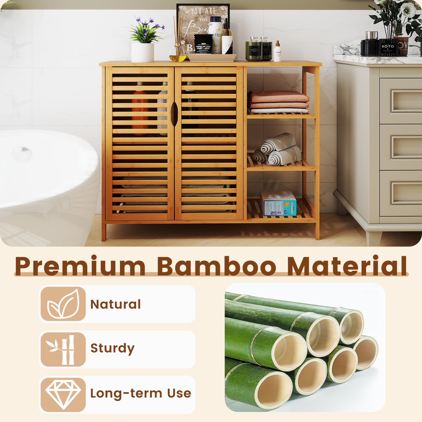 Bamboo Bathroom Cabinet 2-Door Storage Organizer with Shelves, Natural Floor Cabinets at Gallery Canada