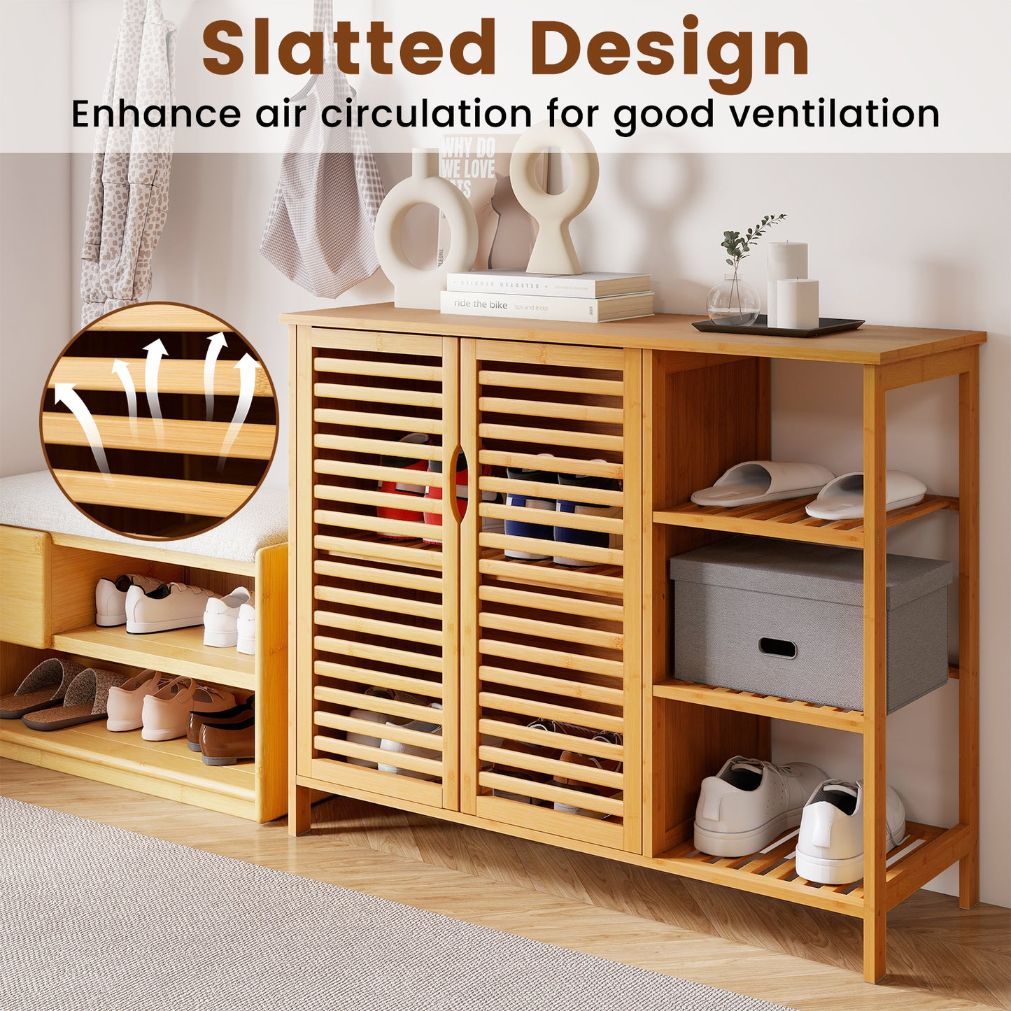 Bamboo Bathroom Cabinet 2-Door Storage Organizer with Shelves, Natural Floor Cabinets at Gallery Canada