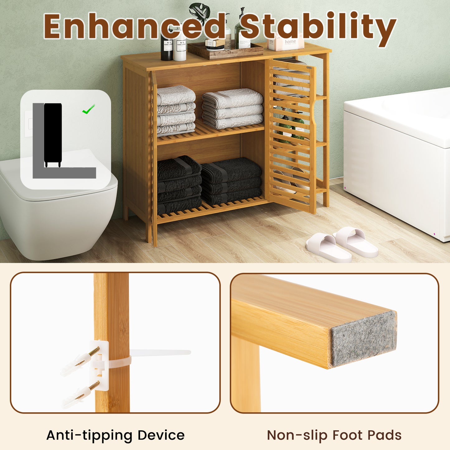 Bamboo Bathroom Cabinet 2-Door Storage Organizer with Shelves, Natural Floor Cabinets at Gallery Canada