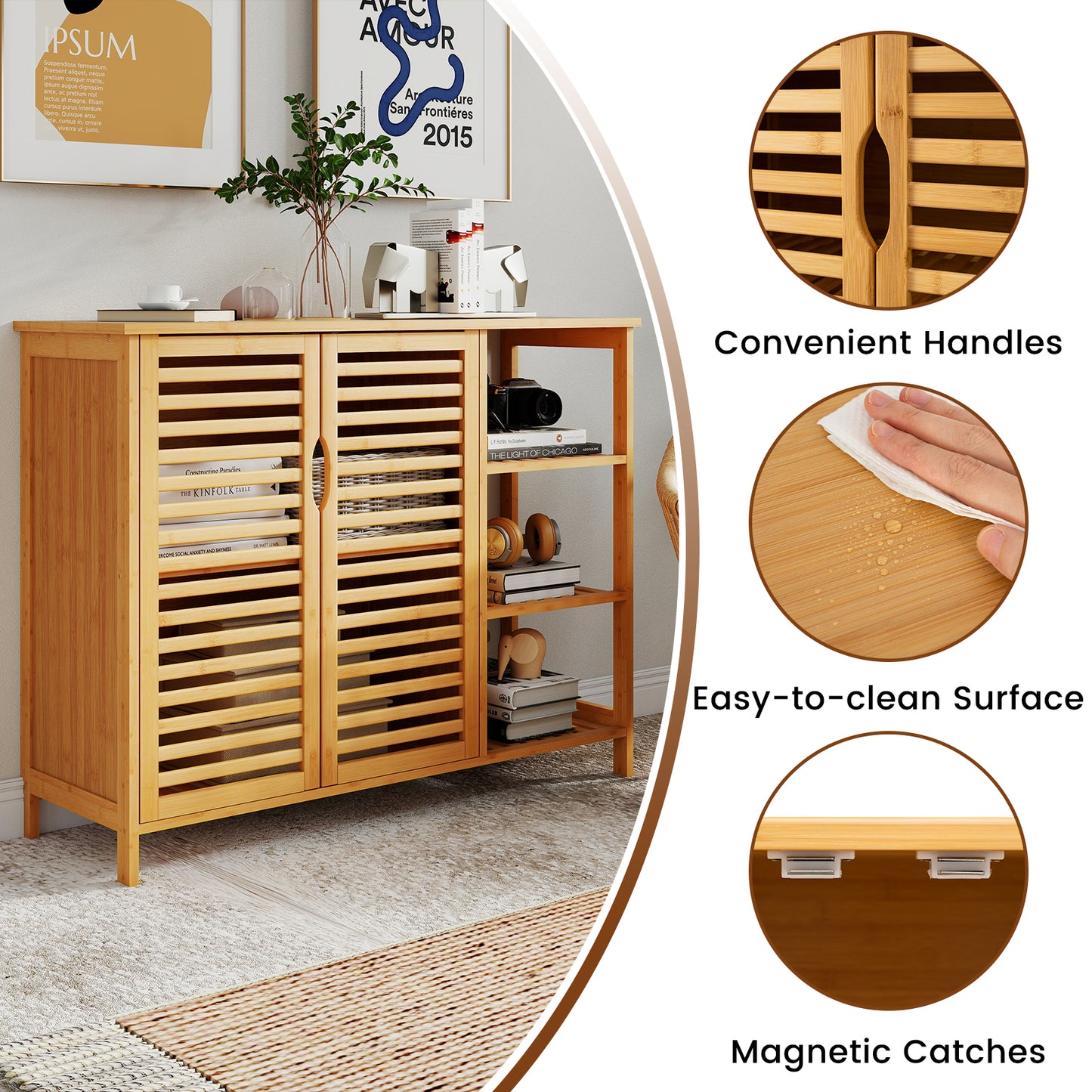 Bamboo Bathroom Cabinet 2-Door Storage Organizer with Shelves, Natural Floor Cabinets at Gallery Canada