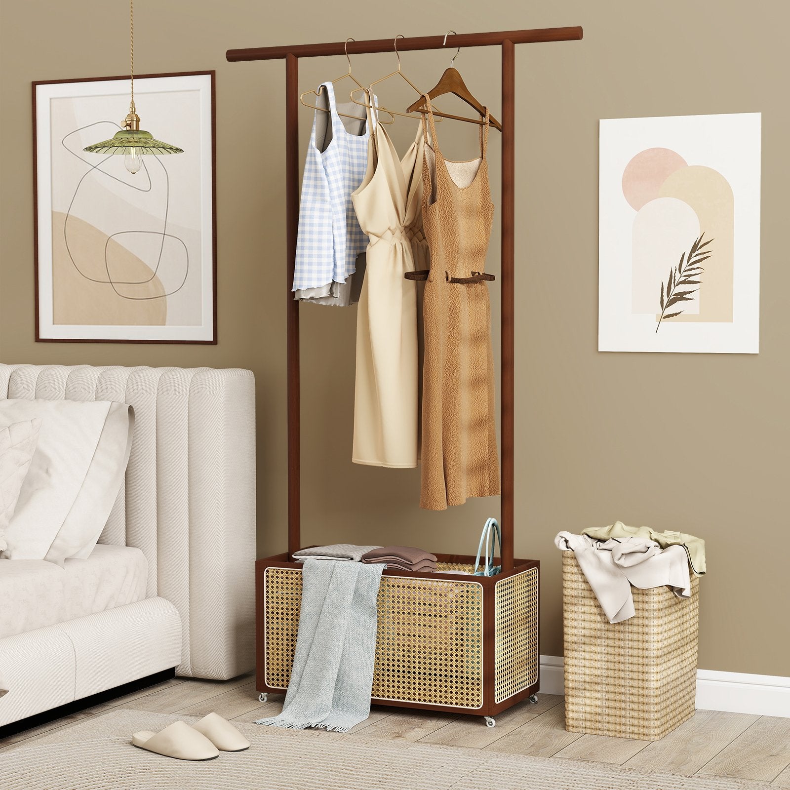 Bamboo Clothes Rack with Rattan Storage Basket and Wheels, Brown Coat Racks & Hall Trees at Gallery Canada
