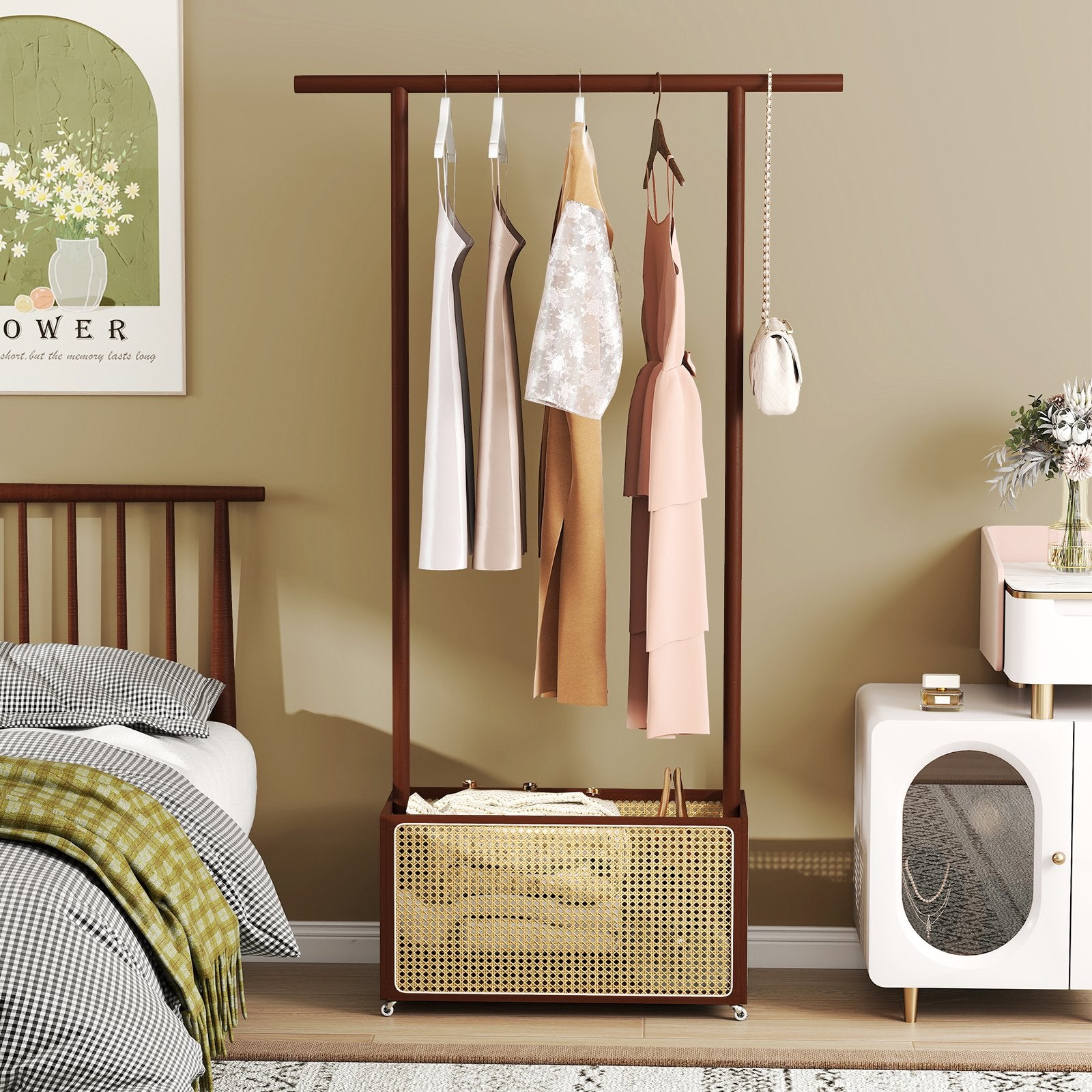Bamboo Clothes Rack with Rattan Storage Basket and Wheels, Brown Coat Racks & Hall Trees at Gallery Canada