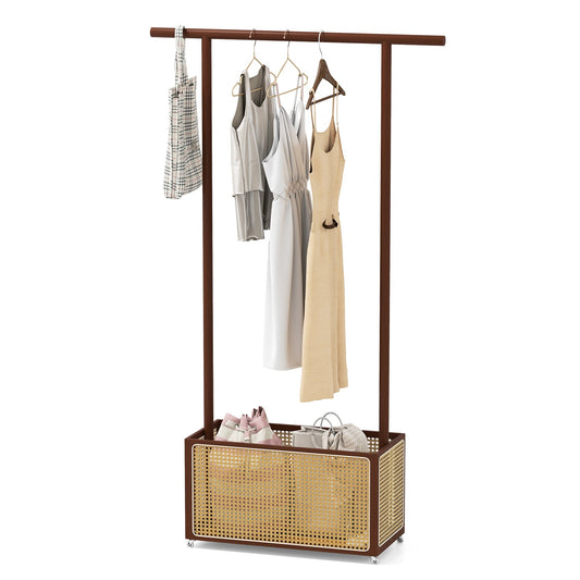 Bamboo Clothes Rack With Rattan Storage Basket, Wheels, Brown
