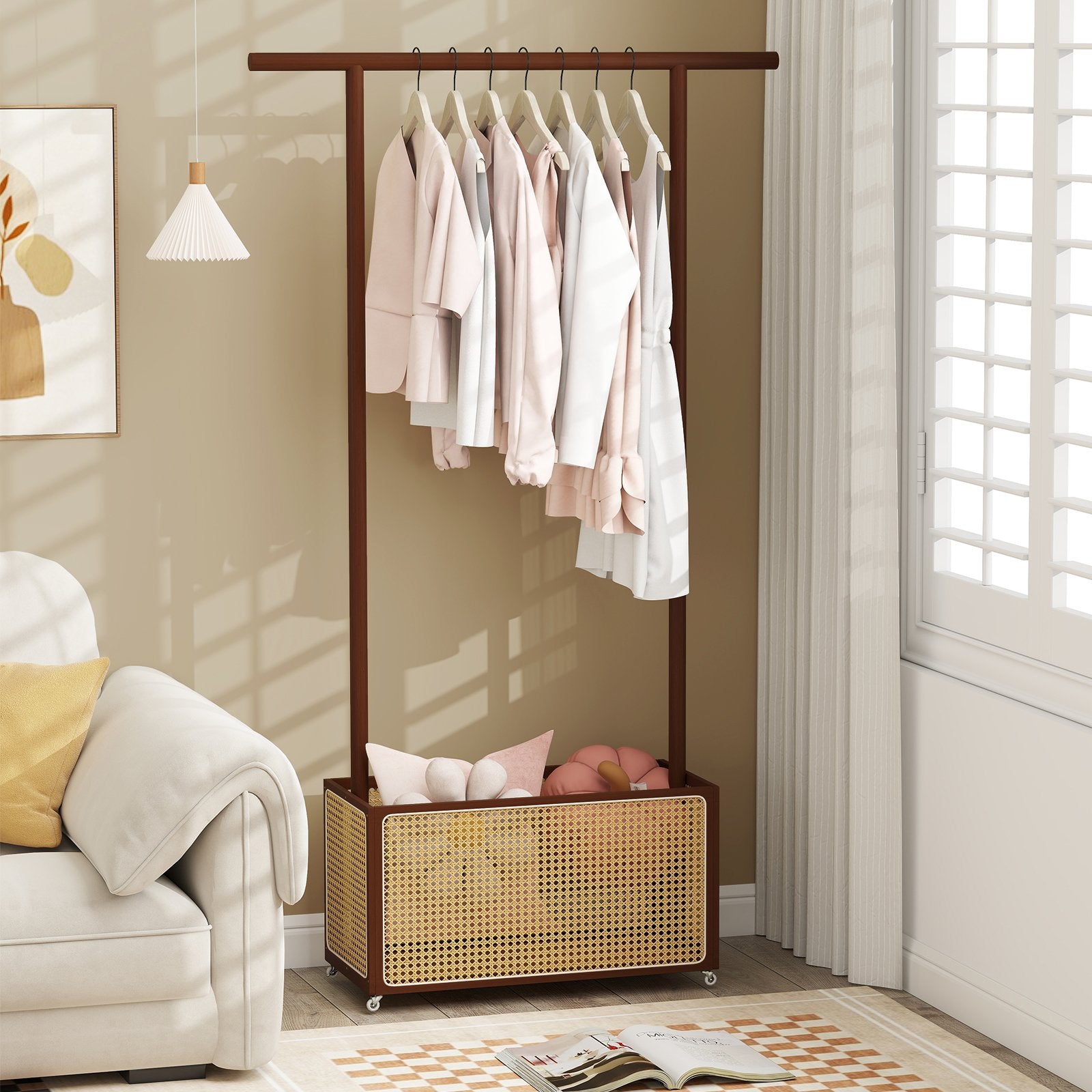 Bamboo Clothes Rack with Rattan Storage Basket and Wheels, Brown Coat Racks & Hall Trees at Gallery Canada