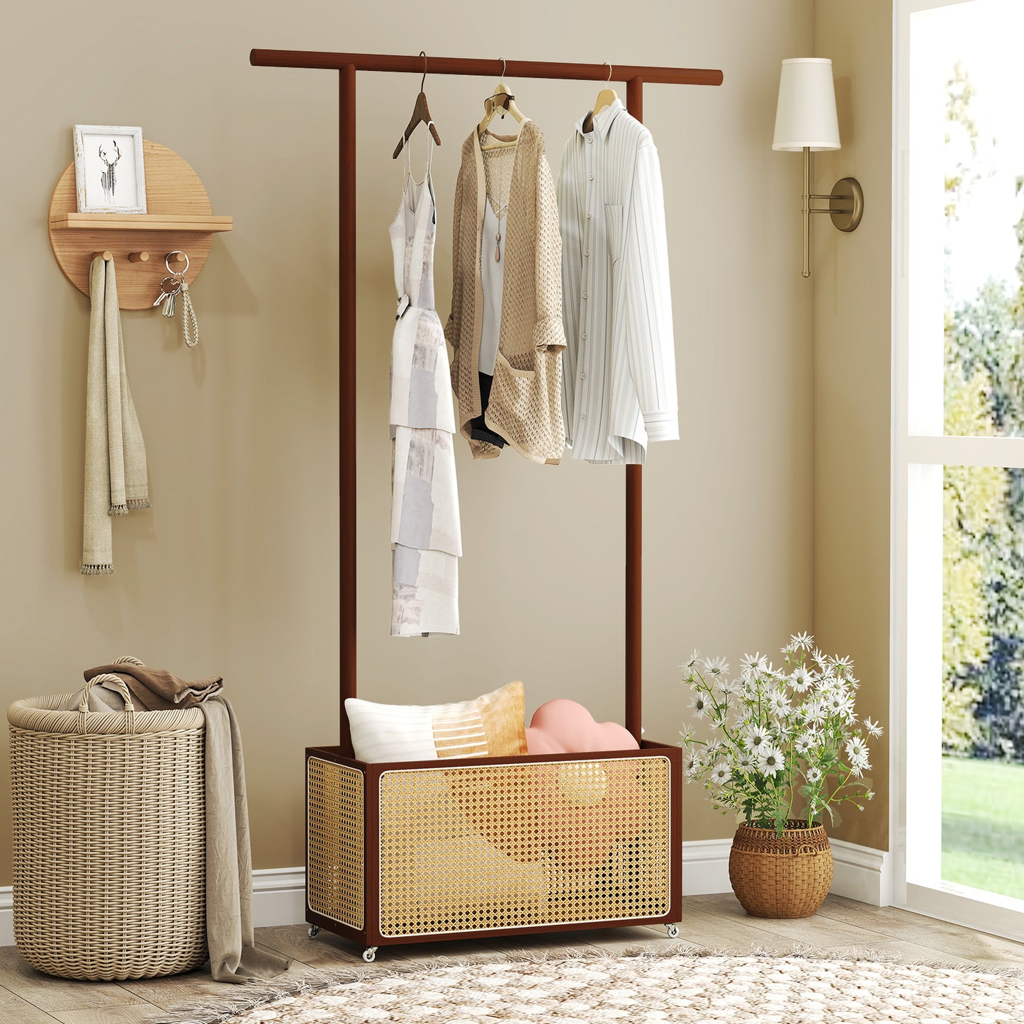 Bamboo Clothes Rack with Rattan Storage Basket and Wheels, Brown Coat Racks & Hall Trees at Gallery Canada