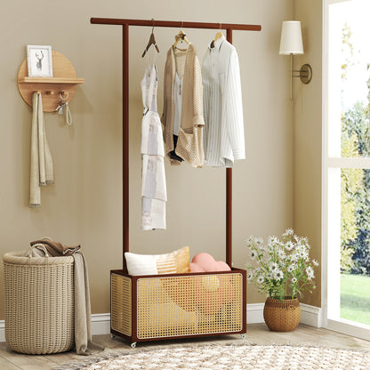 Bamboo Clothes Rack with Rattan Storage Basket and Wheels, Brown Coat Racks & Hall Trees at Gallery Canada