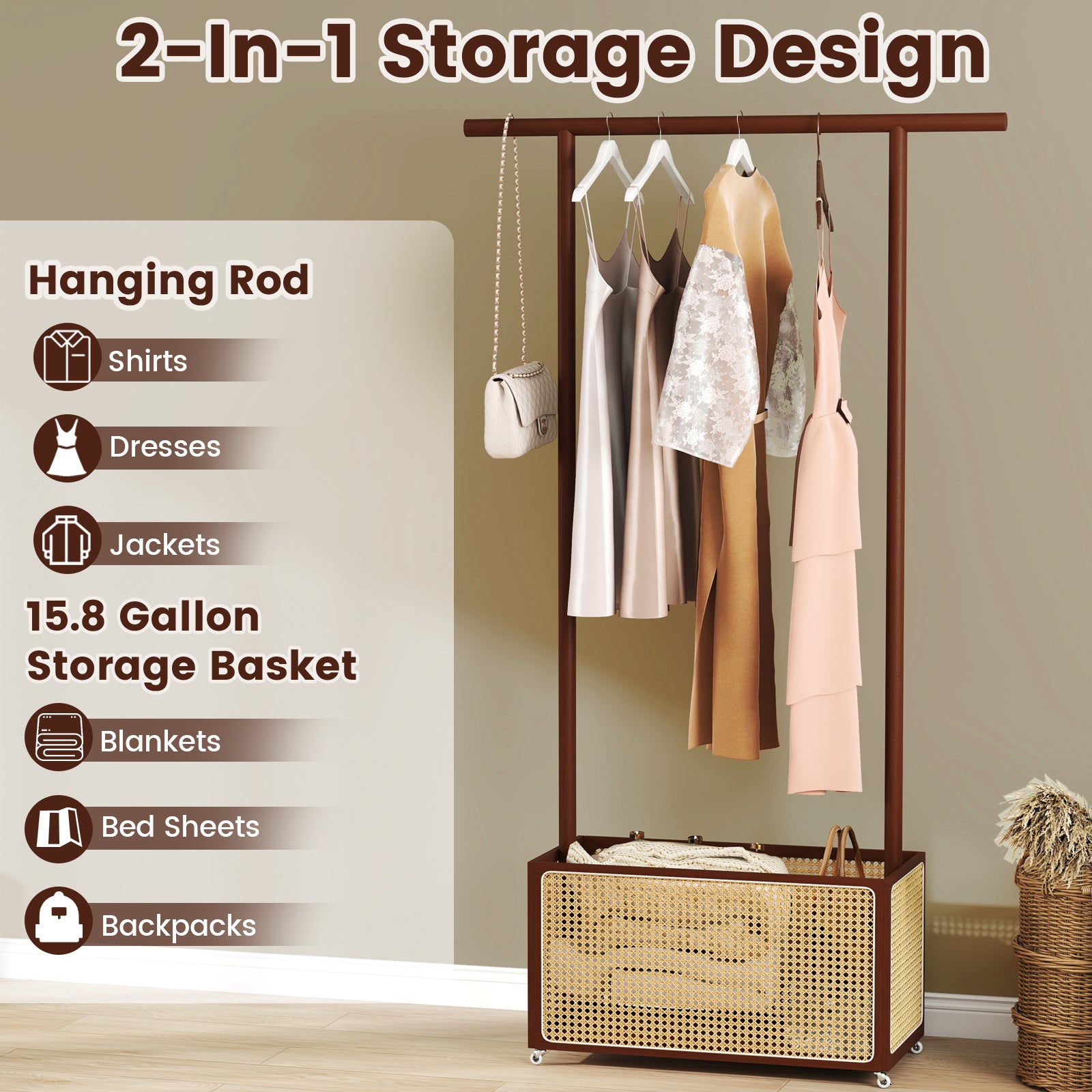 Bamboo Clothes Rack with Rattan Storage Basket and Wheels, Brown Coat Racks & Hall Trees at Gallery Canada