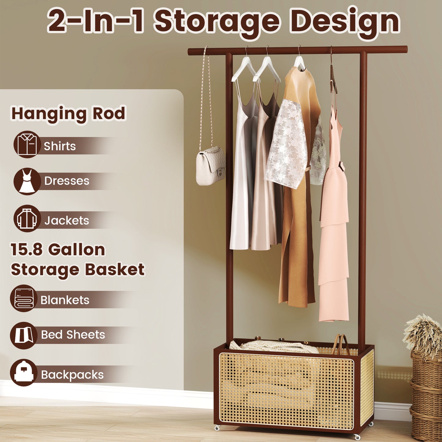 Bamboo Clothes Rack with Rattan Storage Basket and Wheels, Brown Coat Racks & Hall Trees at Gallery Canada