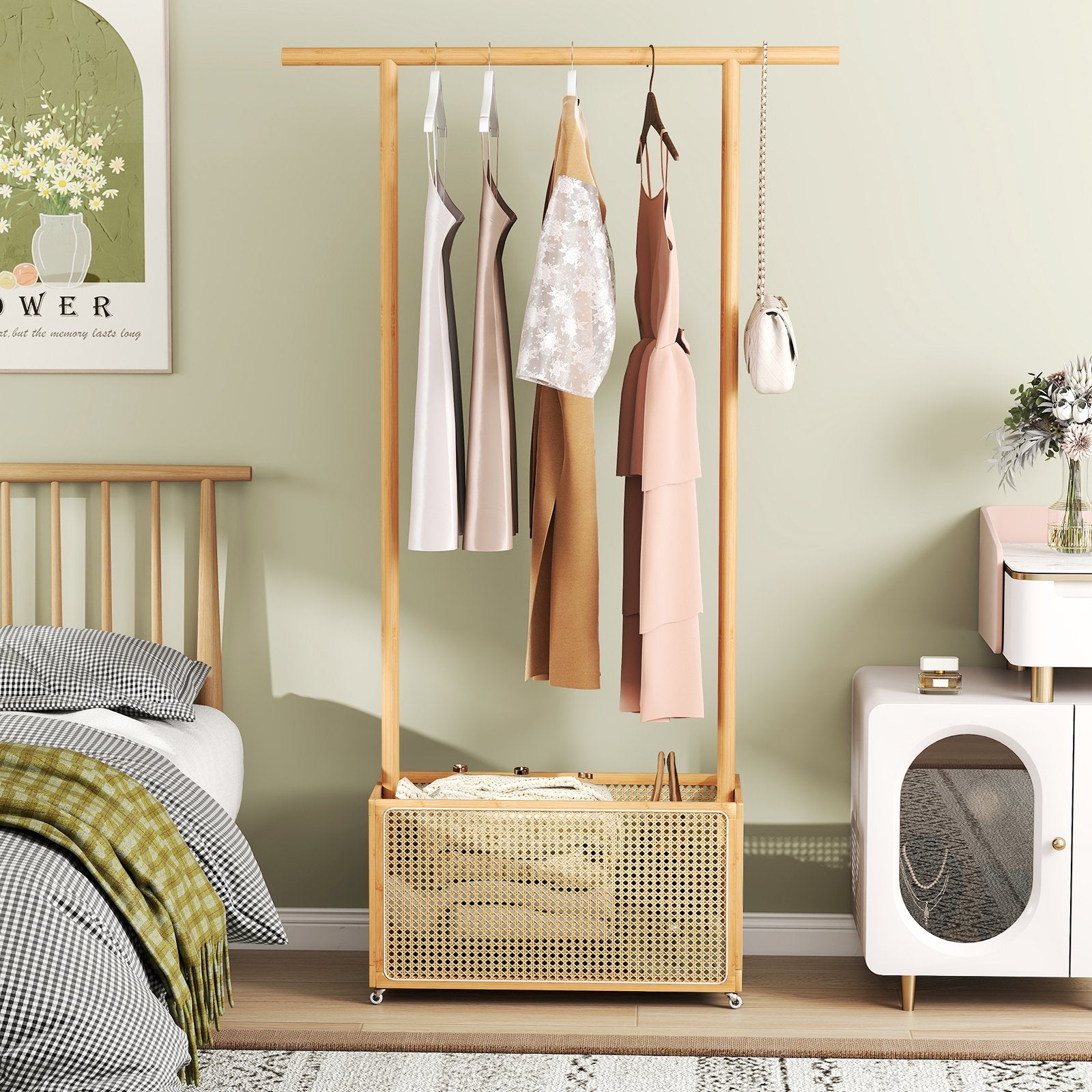 Bamboo Clothes Rack with Rattan Storage Basket and Wheels, Natural Coat Racks & Hall Trees at Gallery Canada