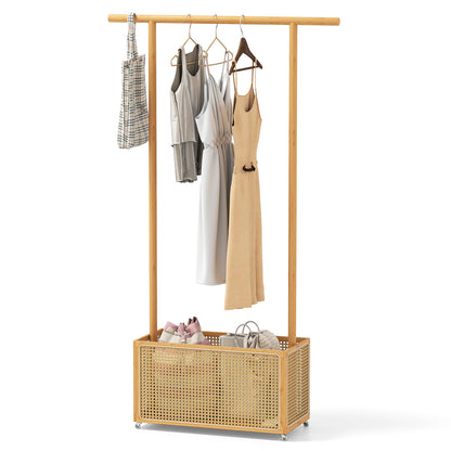 Bamboo Clothes Rack with Rattan Storage Basket and Wheels, Natural Coat Racks & Hall Trees Natural at Gallery Canada