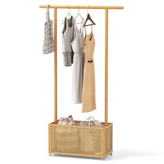 Bamboo Clothes Rack with Rattan Storage Basket and Wheels, Natural Coat Racks & Hall Trees Natural at Gallery Canada