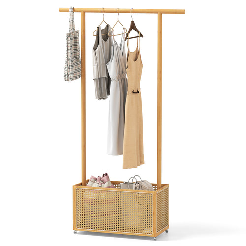 Bamboo Clothes Rack with Rattan Storage Basket and Wheels, Natural