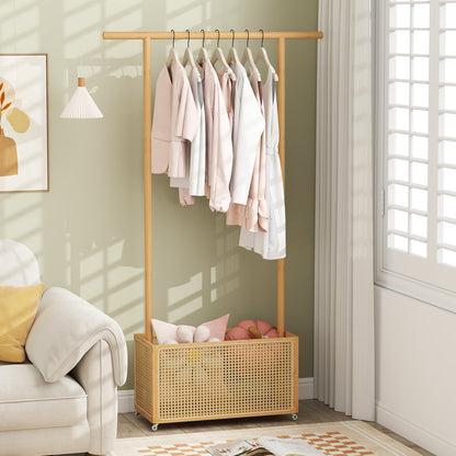 Bamboo Clothes Rack with Rattan Storage Basket and Wheels, Natural Coat Racks & Hall Trees at Gallery Canada