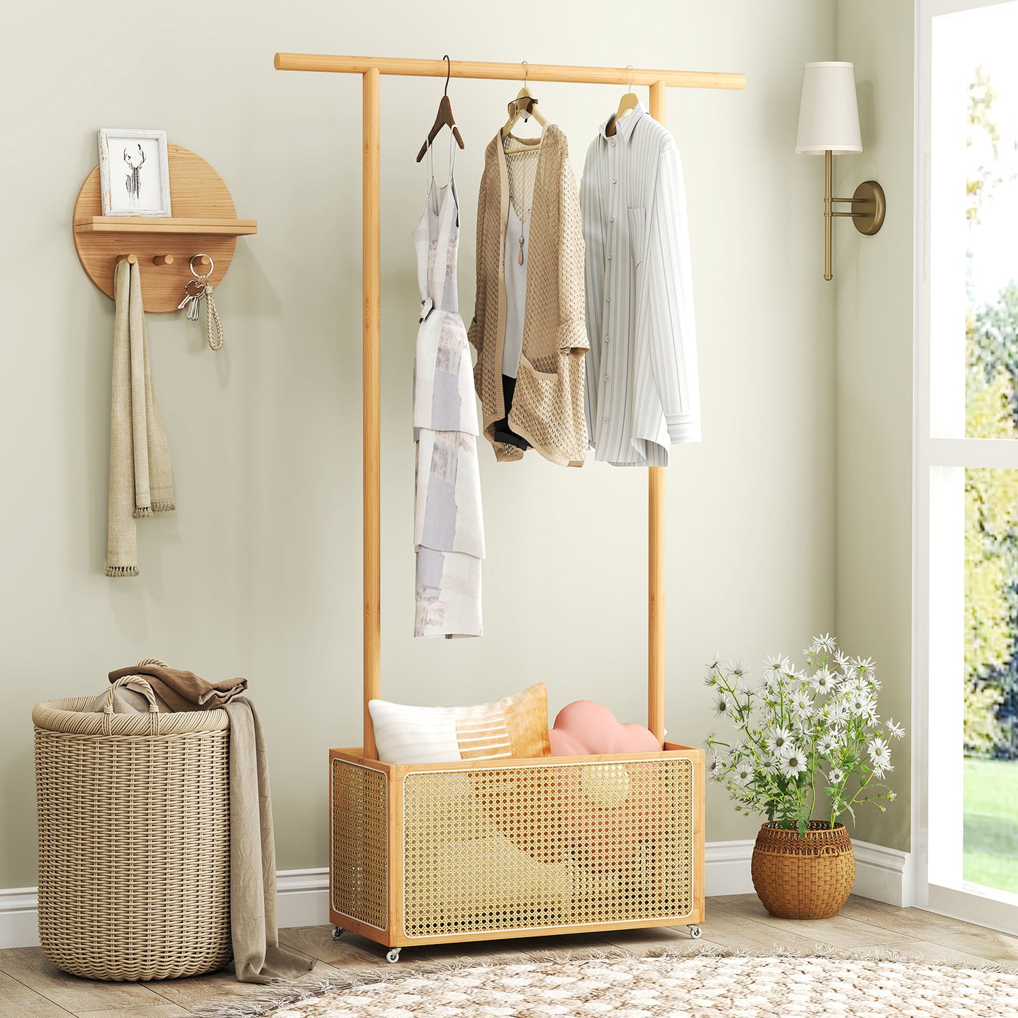 Bamboo Clothes Rack with Rattan Storage Basket and Wheels, Natural Coat Racks & Hall Trees at Gallery Canada