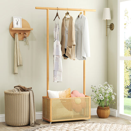 Bamboo Clothes Rack with Rattan Storage Basket and Wheels, Natural Coat Racks & Hall Trees at Gallery Canada