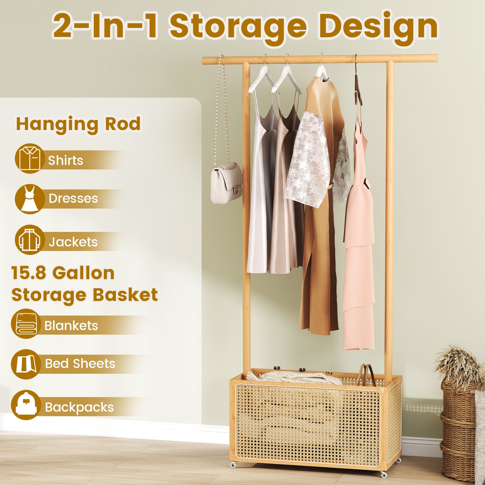 Bamboo Clothes Rack with Rattan Storage Basket and Wheels, Natural Coat Racks & Hall Trees at Gallery Canada