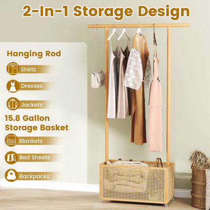Bamboo Clothes Rack with Rattan Storage Basket and Wheels, Natural Coat Racks & Hall Trees at Gallery Canada