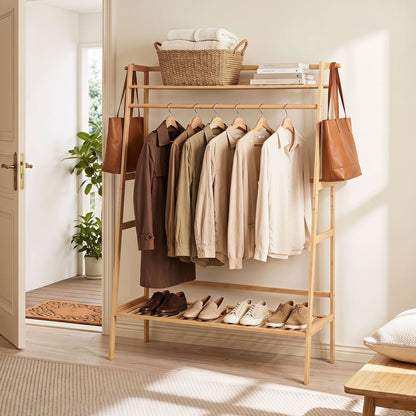Bamboo Garment Rack, Freestanding Open Wardrobe with Hanging Rod, Natural